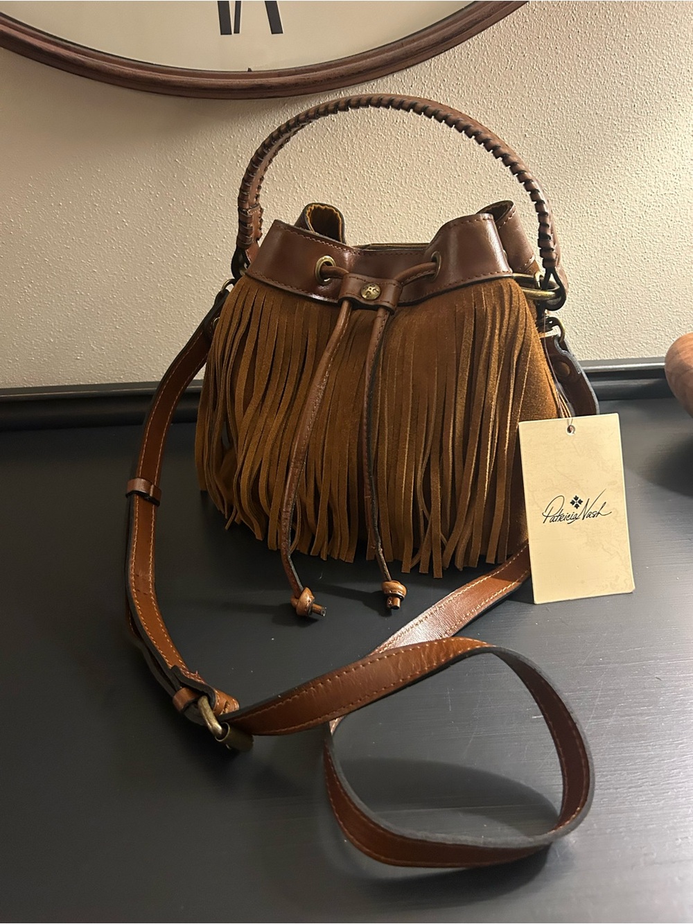 Patricia Nash Tan/Brown Fringe Drawstring Bucket Bag NWT - Picture 5 of 9